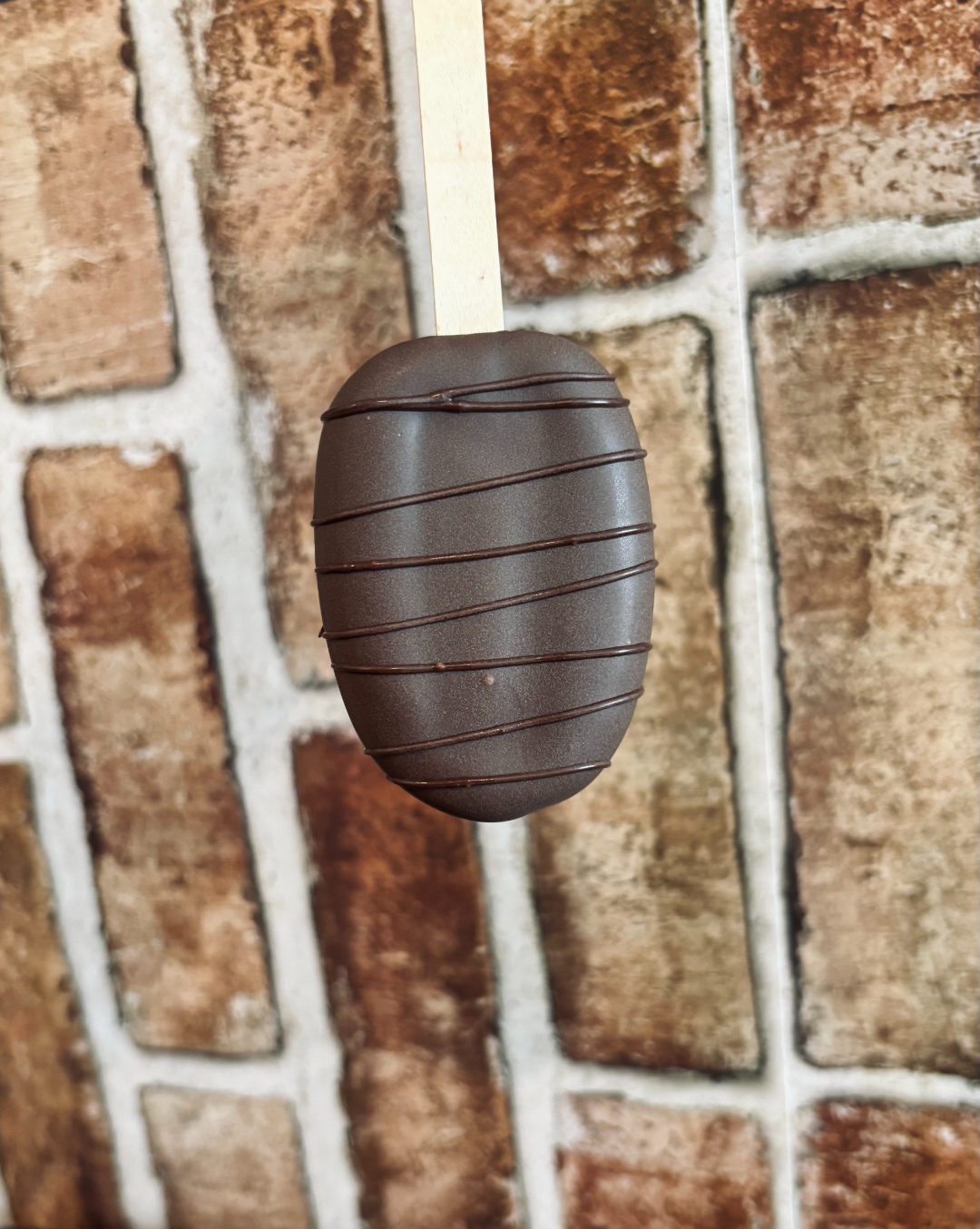 Dark chocolate cakecicle with cocoa drizzle