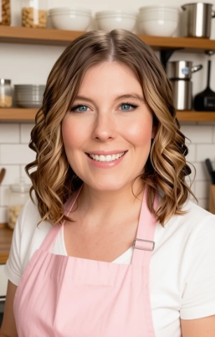 Sammye, owner of Sweet Sammye's, smiling in a kitchen wearing a pink apron